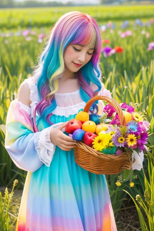 Highest quality,High resolution,A Japanese girl standing in a flower field holding a basket of fruit and flowers, Two-tone hair, long hair with pastel colours, aurora Colored Hair, Colorful pastels,  Hair Color, multiColored Hair, Colorful long hair, Two-tone hair dye, Colorful Hair, Gradient Hair, pastel colour, Colored Hair, Bright rainbow hair colors,One-piece dress with frills,View of the stained glass church,The background is a sparkling rainbow in a clear blue sky.:1.5,A large rainbow-colored pumpkin grows in a flower field:1.5