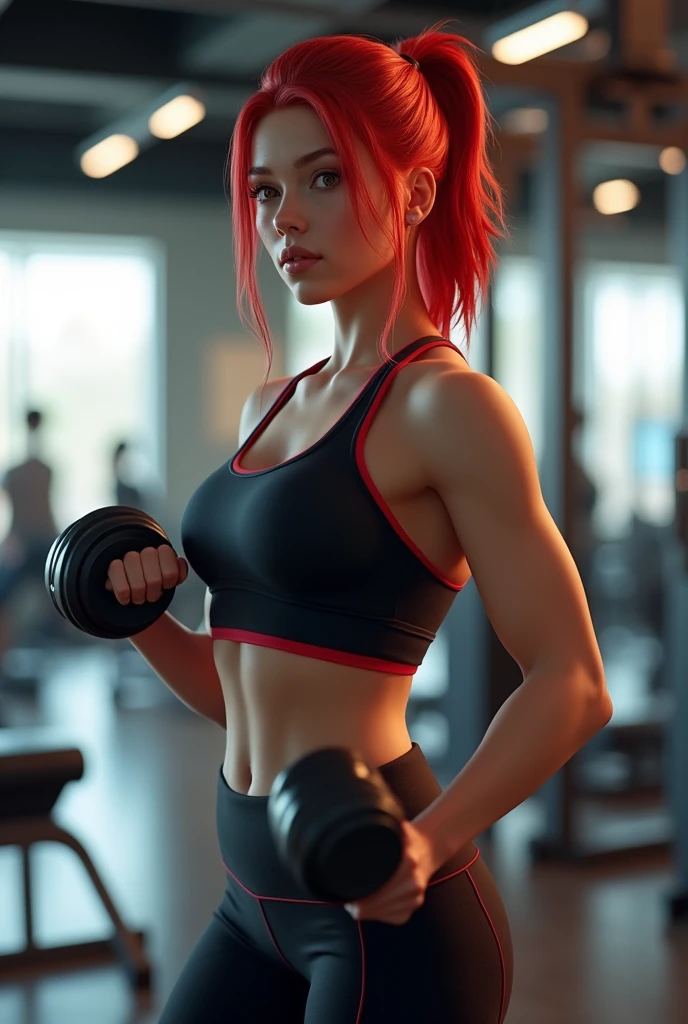 
"A highly realistic digital model with striking red hair, styled in a neat ponytail, is in a modern gym setting. She is wearing a form-fitting, stylish workout outfit, consisting of a sleeveless athletic top and leggings that highlight her toned physique. The color scheme of her outfit is a mix of dark and vibrant shades, complementing her fair skin and red hair. She is mid-exercise, holding a pair of dumbbells with a focused and determined expression. The background shows various gym equipment, emphasizing a professional workout environment."