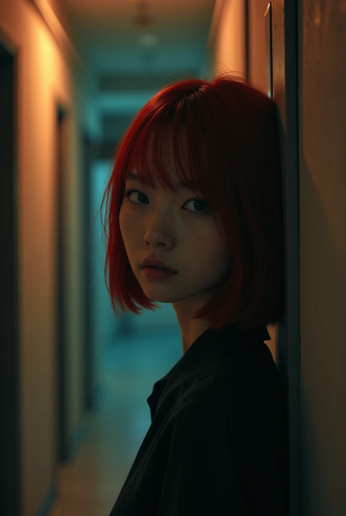 Red-haired Korean woman with bangs hiding behind the wall in a hallway showing her standing 