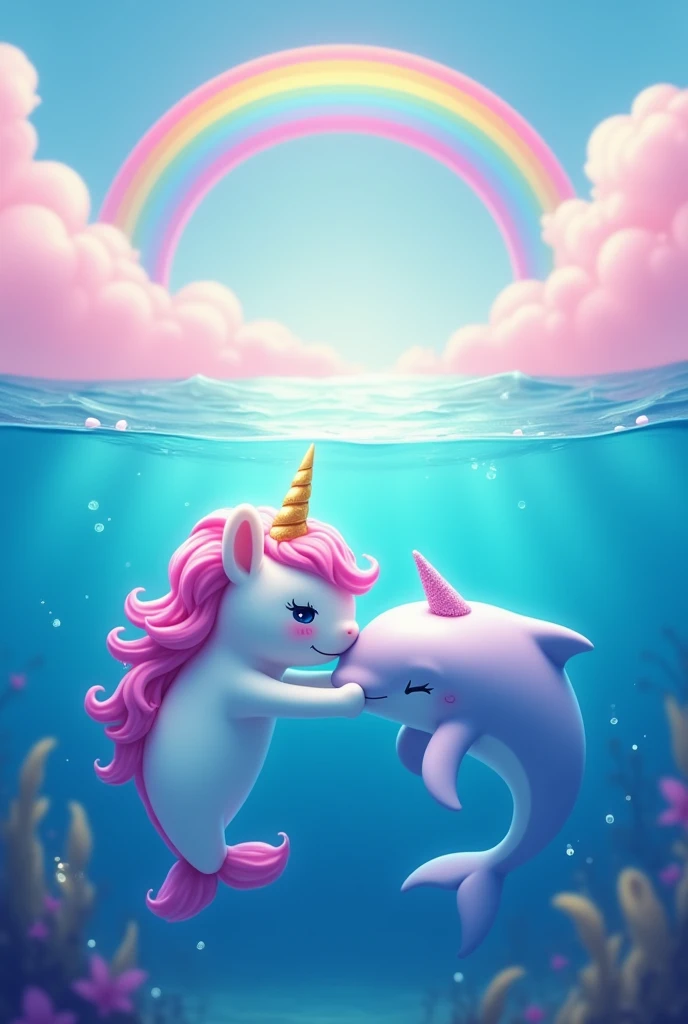 A very happy and magical unicorn and dolphin in the sea all for themselves, with pink colors and a big rainbow in the background, with a pink neck and clouds too