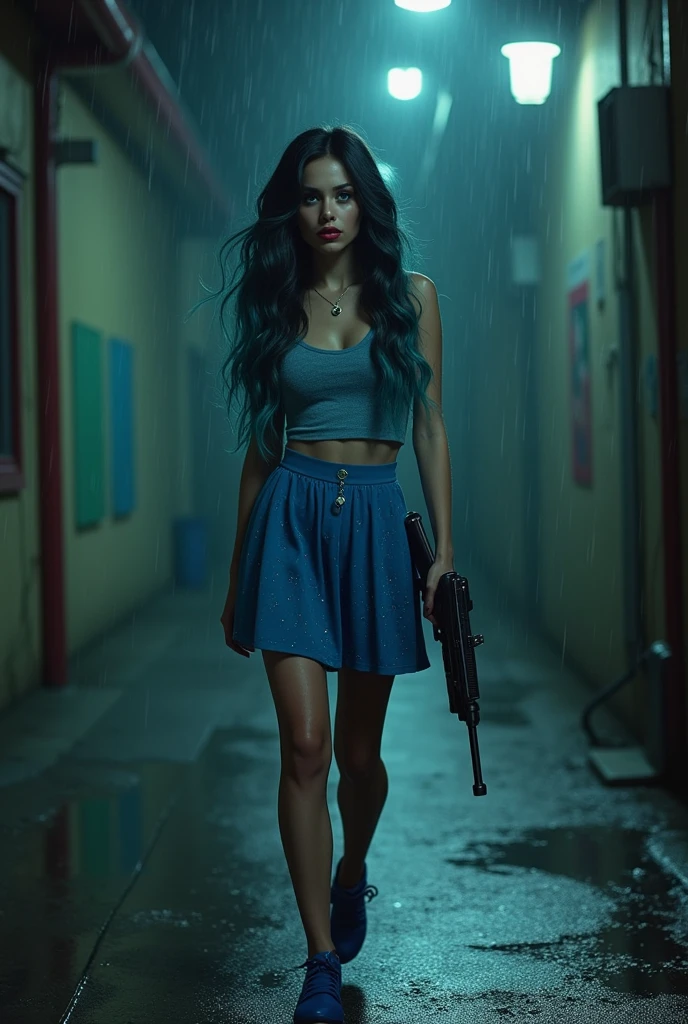 Walking down a dark alley with rain coming down holding a toy gun in hand, acting sweet and psyco at same time wearing a blue skirt with glitter, blue top blue shoes she is sweet but also psyco Caucasian-Hispanic mix women, with deep wave long curls smooth finish black hair with, light blue, teal, and blonde combined together blue eyes, Instagram model, black makeup long lashes, big lips, red lipstick nose pierced 30k