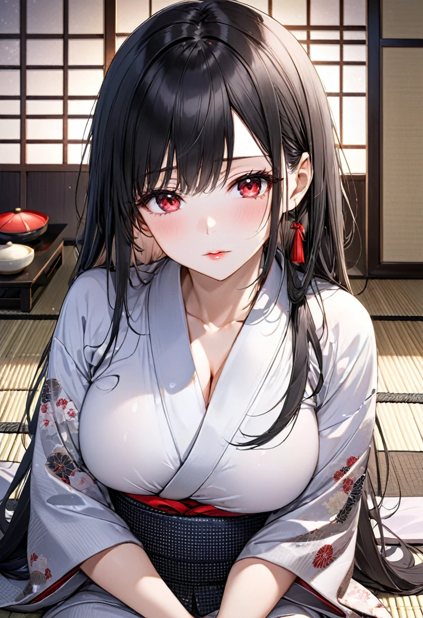 high school girl、Baby-faced beautiful girl、Black Hair、Big breasted body type、Her neat is open.、Flushed Cheeks、A look of shame、Sigh、Functional、Immoral、Inside the Japan house、Transparent white erotic panties、Transparent white erotic bra、Her cute pink nipples are visible through the、Bushy pubic hair is visible through the、Scenes of、Tied up in a tortoiseshell bondage pattern with scarlet rope、Hands tied behind back、Erotic atmosphere、Immoralなシーン
