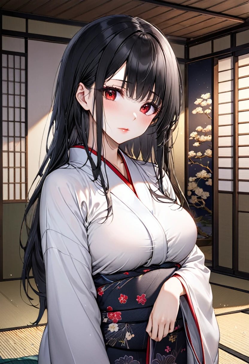 (Lonely style), (solo:2, 18 yo), (beautiful detailed straight Hair) (beautiful detailed black hair long hair), (immensely beautiful cool girl) (beautiful cool red eyes) (sad face) (glossy lip) (big tits, beautiful best body), in a white simple yukata, break, in the night, in the japanese Tatami room, put on huton, background night Japanese-style room, BREAK, perfect anatomy, masterpiece, best quality, 16k, beautiful detailed ecstasy, daydreaming expression.