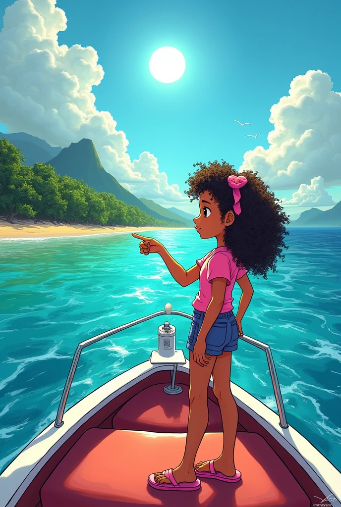 A young teenage girl with tanned skin, yellow eyes and curly curly hair inside a boat thoughtful and confused, heading towards a distant island, This island contains beachfront and forests, the sea water is crystal clear and the sun is very bright, She is wearing a short pink blouse and pink flip-flops, I want her to point her finger at the distant island, I want vibrant and very eye-catching colors, comic book style.