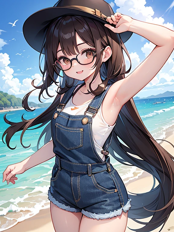 1 female、Brown hair、Brown eyes、Black frame glasses、seductive 、beautiful faces、perfect body。whole body, Best Quality、ultra detailed、8k resolution、photo and rude。Running on the beach。sleeveless shirt, barefoot, evening gown、denim shorts overalls。, a smile。saying uwu.