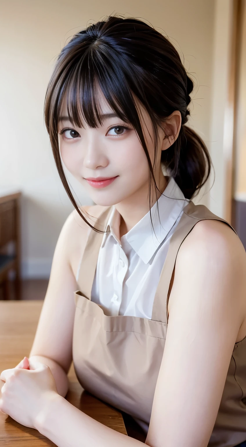 (Highest quality,masterpiece:1.3,Ultra-high resolution,),(Very detailedな,Caustics),(Photorealistic:1.4,RAW shooting,)Ultra-Realistic Capture,Very detailed,High resolution 16K human skin closeup。 Natural skin texture、,Pores、、、、It must be detailed enough to be easily identifiable。 Skin tone is even and healthy looking。 Use natural light and colour,restaurant,Waitress Uniform,1 girl,Japanese,1,cute,Black-haired,ponytail,Big Breasts,smile,Turn your body forward,(Front view:1.1),Looking at the camera,Cowboy Shot,