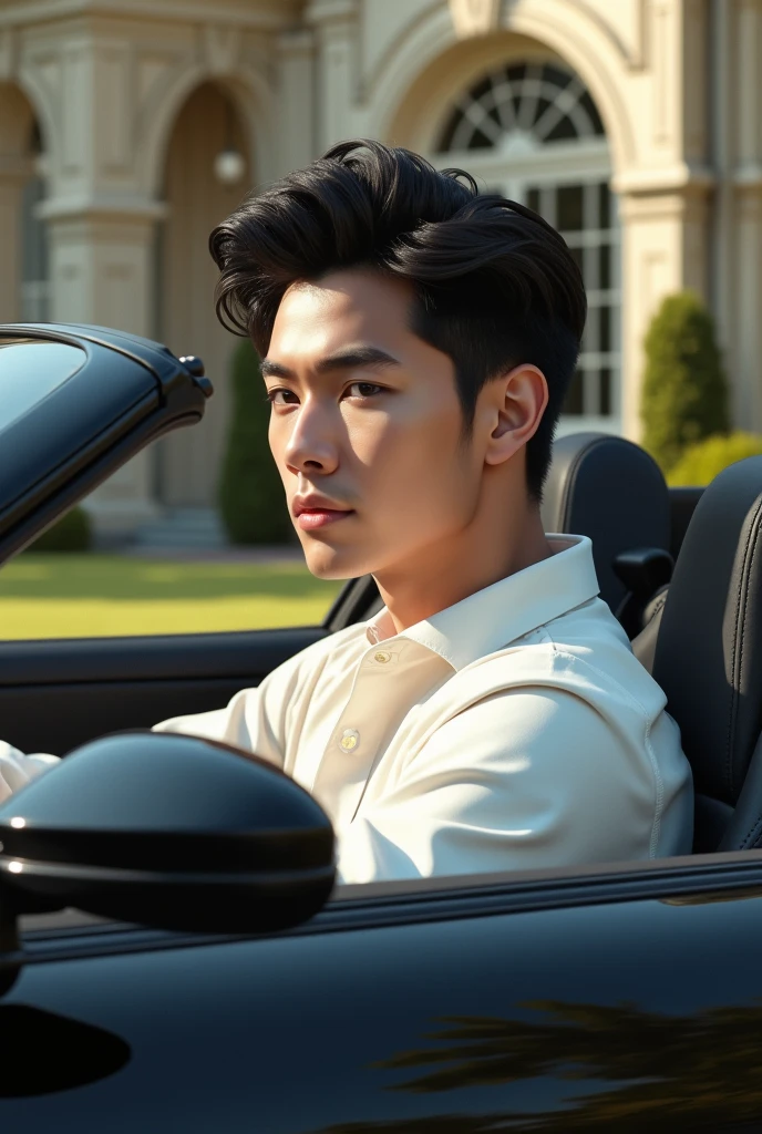 create a picture of a beatifull man of 2 with a fair soft white skin with circle face and puff of hair with black colour hair style wear a white shirt and sitting on driving seat of black buggati and car infront of luxury house