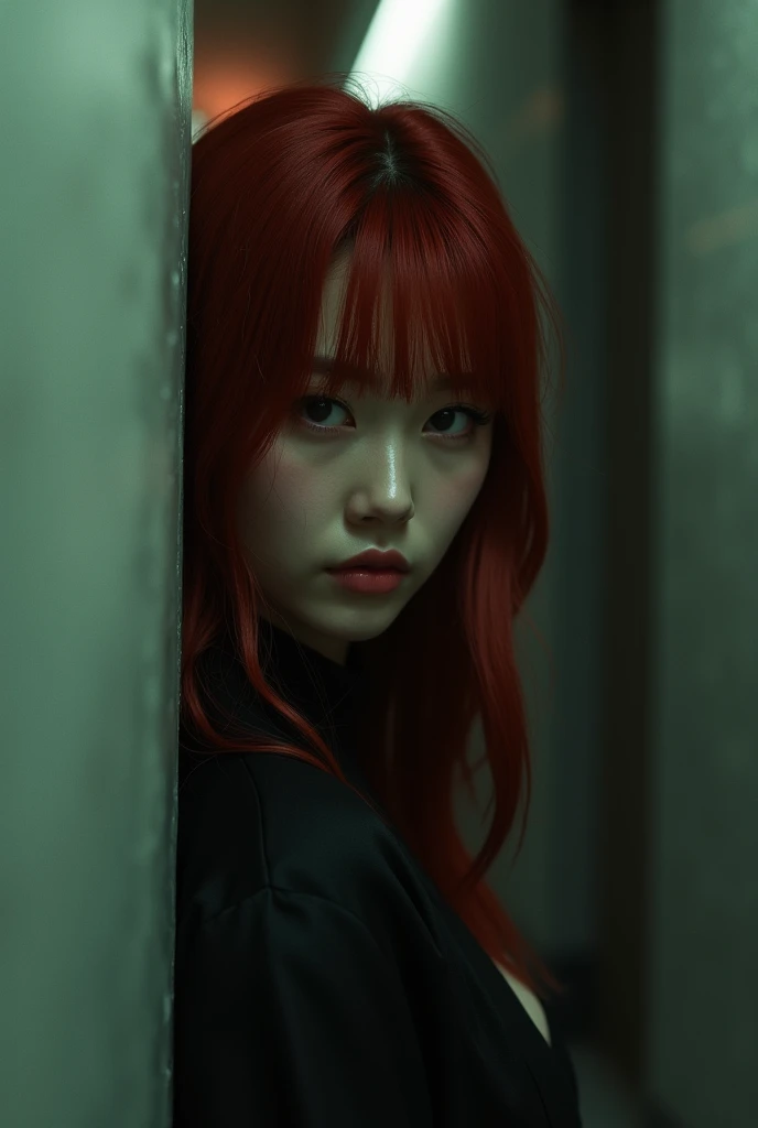Red-haired Korean woman with bangs hiding behind the wall in a hallway showing her standing 