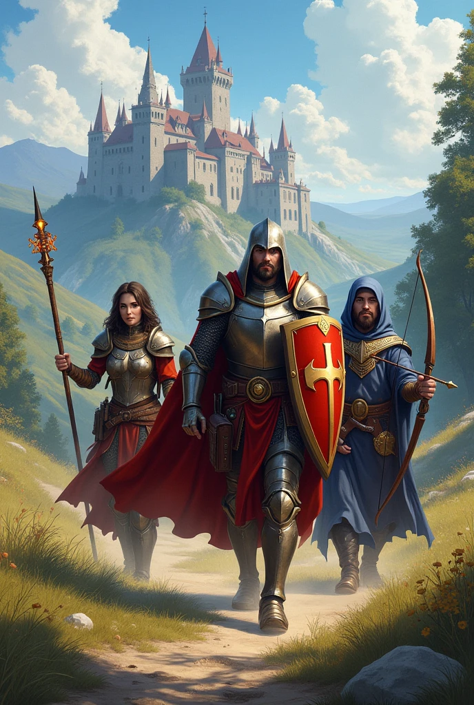create a group of companions with a paladin,A wizard,a warrior with bow and arrow in a medieval world written "RPGAY" 

