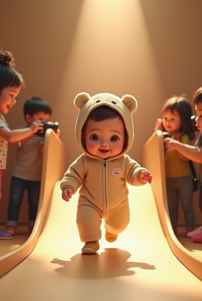 Healthy baby, walking on the ramp, wearing bear outfit with the Name Ayra on it , studio lighting, people capturing photo in the background, realistic, intricate details, warm colors