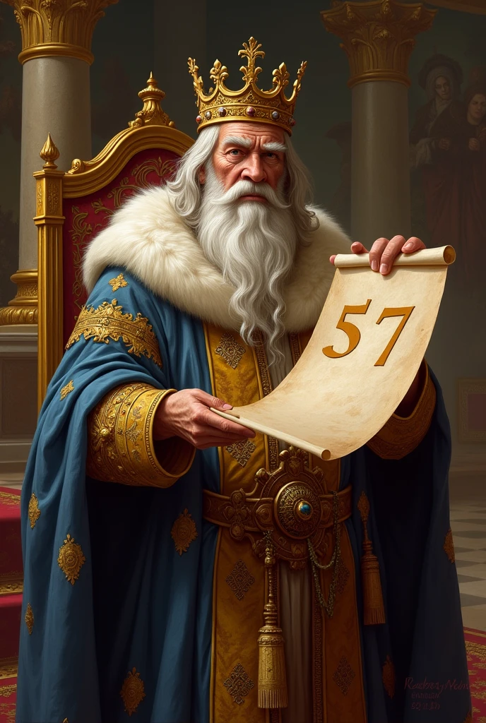 A king handing over a sheet of paper with the number 57 written on it