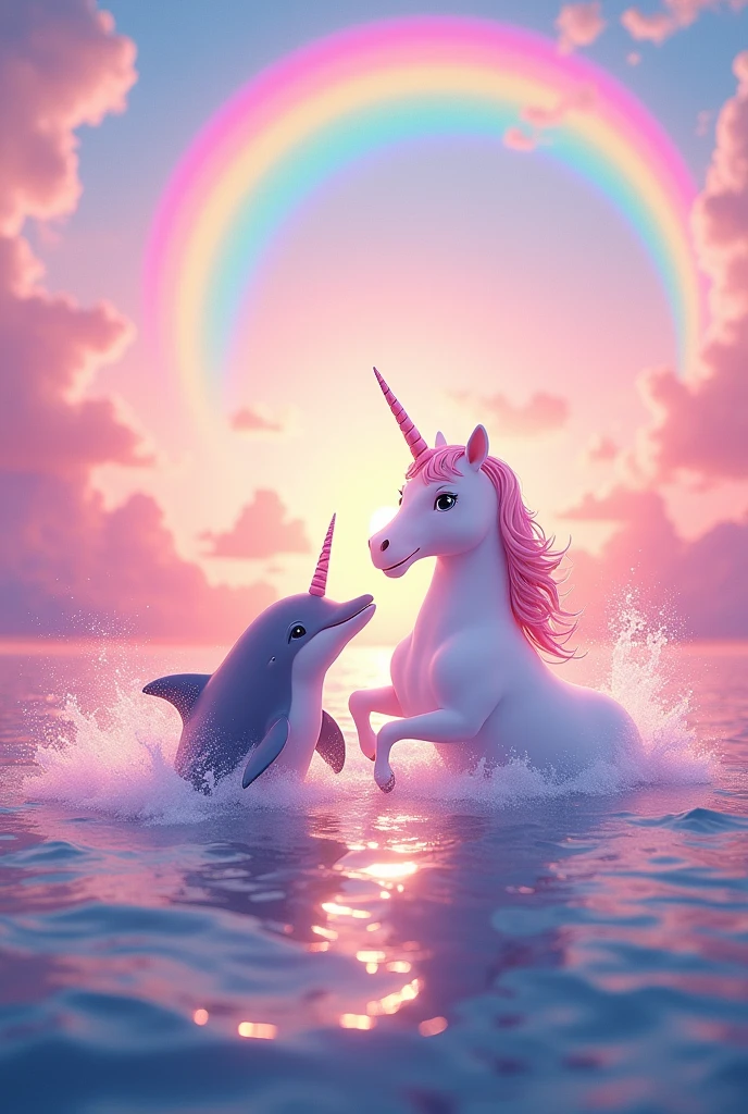 A very happy and magical unicorn and dolphin in the sea all for themselves, with pink colors and a big rainbow in the background, with the pink sky and the clouds too