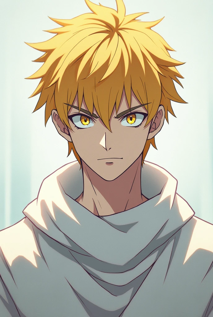 Yellow hair, yellow eyes, young king, dangerous, anime, cool, very simple royal costume white, handsome, serious, shaggy