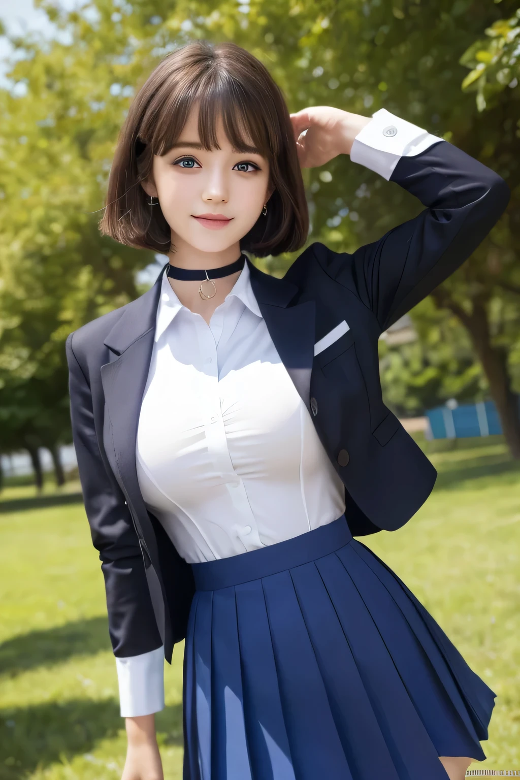 Highest quality、masterpiece、Group photo、((Layered Haircut)),(8k,Highest quality),Full Body Shot,Shot from medium distances,School classルーム,student,class,class,Open-collar shirt、Wear a JK skirt,Full body photo、 Adorable, smile, length, Brown Hair, 32K, masterpiece, Best image quality,Ultra-high resolution,Perfect hands,Black choker、blue eyes、bangs、Very lush and long eyelashes、uniform、 School、Summer clothes、((Big Breasts))