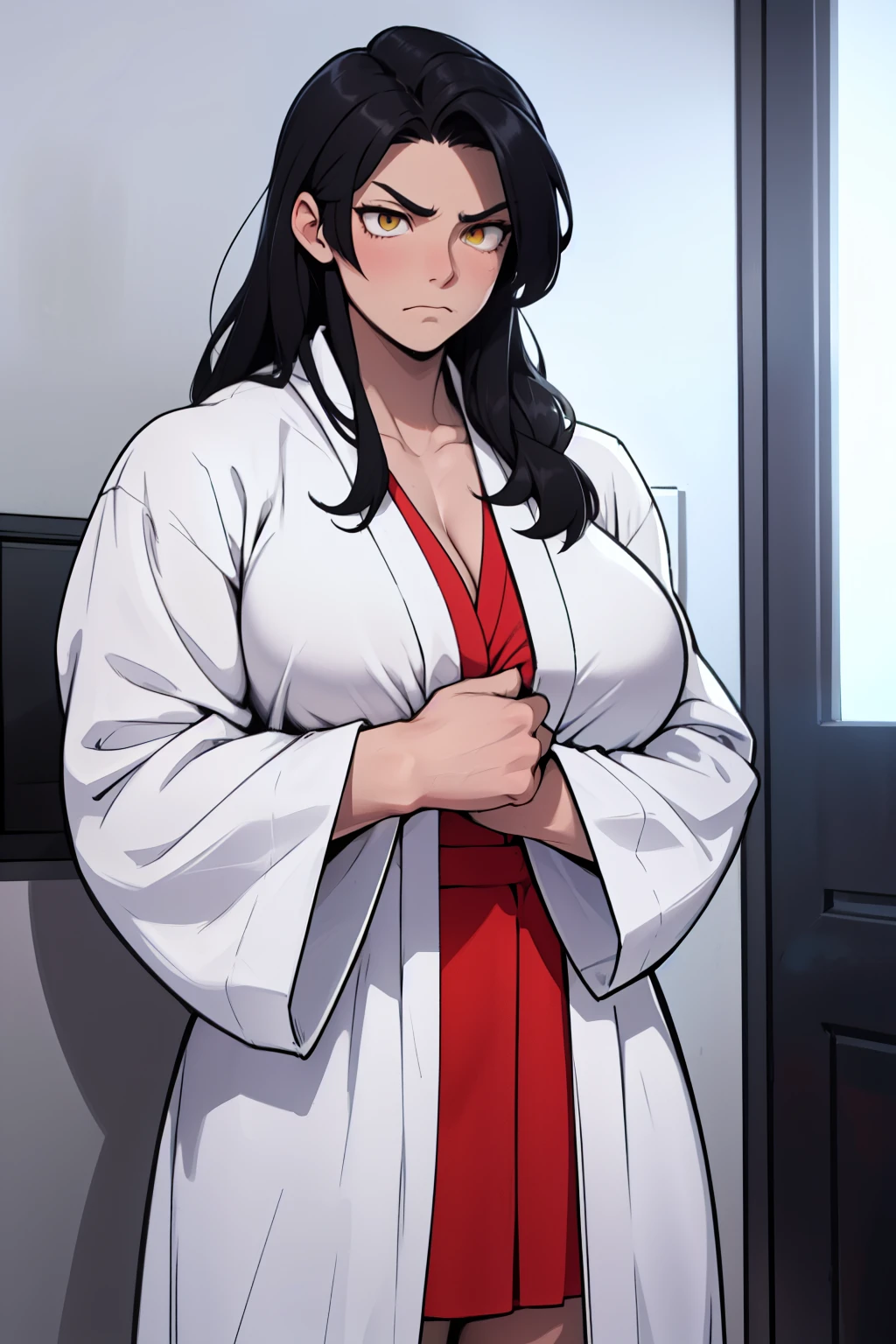 massive breasts huge breasts ((((muscular girl)))) ((((muscular girl)))) ((((muscular girl)))) toned body long hair black hair yellow eyes pale skin serious look empty eyes sad frown embarrassed embarrassed embarrassed embarrassed bathrobe bathrobe bathrobe feminine