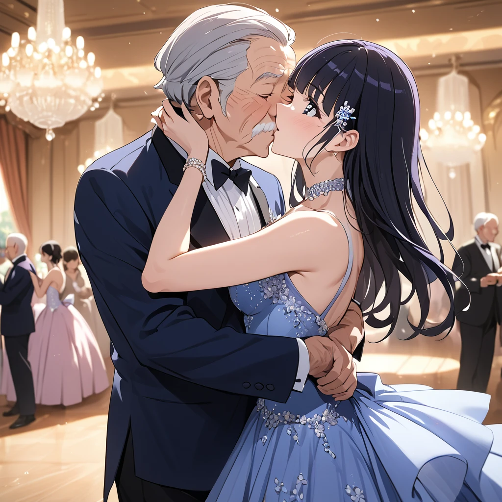 ((Highest quality)), ((masterpiece)), (detailed), (Perfect Face)、The woman is Reika Aoki with semi-long hair、The woman is wearing a ballroom dance costume at a ballroom and dancing gracefully and beautifully while kissing an old man. The man proposes to her and the woman accepts the proposal.