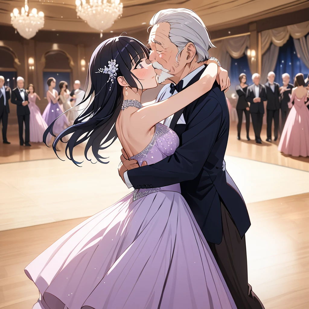 ((Highest quality)), ((masterpiece)), (detailed), （Perfect Face）、The woman is Reika Aoki with semi-long hair、The woman is wearing a ballroom dance costume at a ballroom and dancing gracefully and beautifully while kissing an old man. The man proposes to her and the woman accepts the proposal.