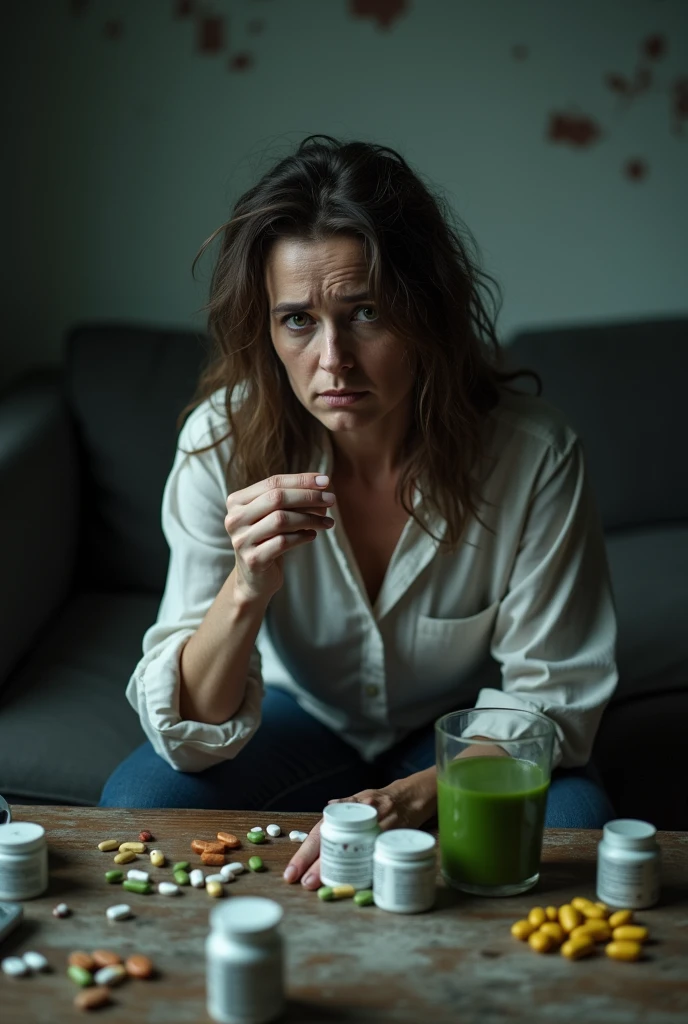 create an image that has only one woman present in the 3 photo, white, with pale facial expression, dark circles, confused, tiredness, frustration, Grievingza, depression, Messy hair, sitting on a sofa, in front there is a table with medicines, supplements, a glass of green juice, and she&#39;s holding a pill in one hand and looking at the pill. the environment in the background and surroundings is dirty, Grieving, messy and depressed and with objects scattered around