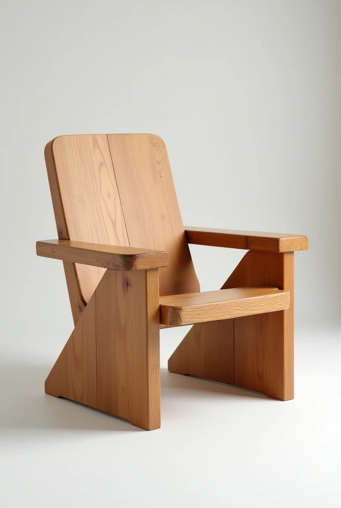 Create a chair made of brown pine wood, that is comfortable, that the rear legs have more angle for more stability and comfort and the front legs are of equal angle and that the back part has support, that has arm support and can support weight without looking rough and is made with assemblies