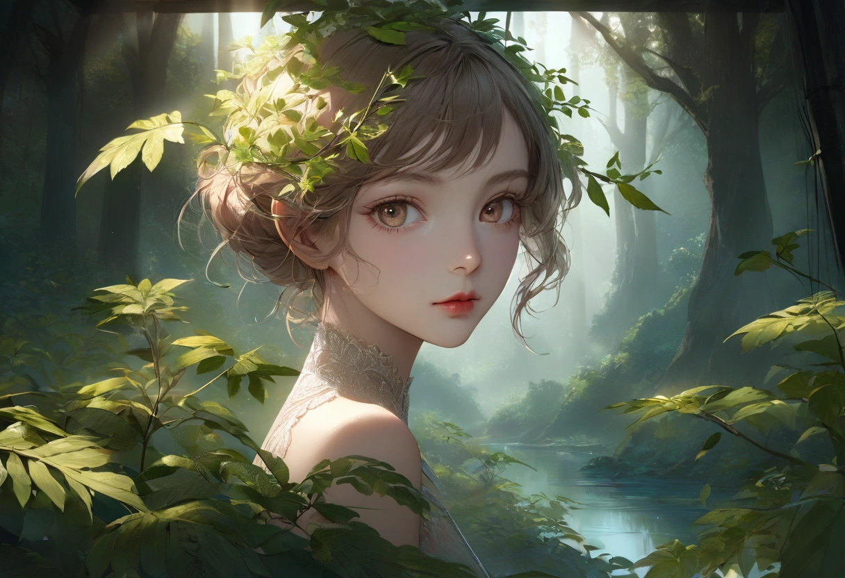 Zelkova landscape, bright canvas, The zelkova leaves are fluttering, Transparent holographic reflection, A surreal landscape made of zelkova leaves, Leaves viewers speechless, A beautiful world, 1 Russian woman, detailed eyes, brown eyes, detailed lips, very detailed face, long eyelashes, Beautiful and detailed portraits, elegant, tranquil expression, summer, high quality, 8k, realistic, surrealist, studio lighting, Physically Based Rendering, vivid colors, movie lights, dramatic lighting, soft lighting, dramatic contrast, clear, ethereal, dreamlike, mysterious, magical, fancy, concept art