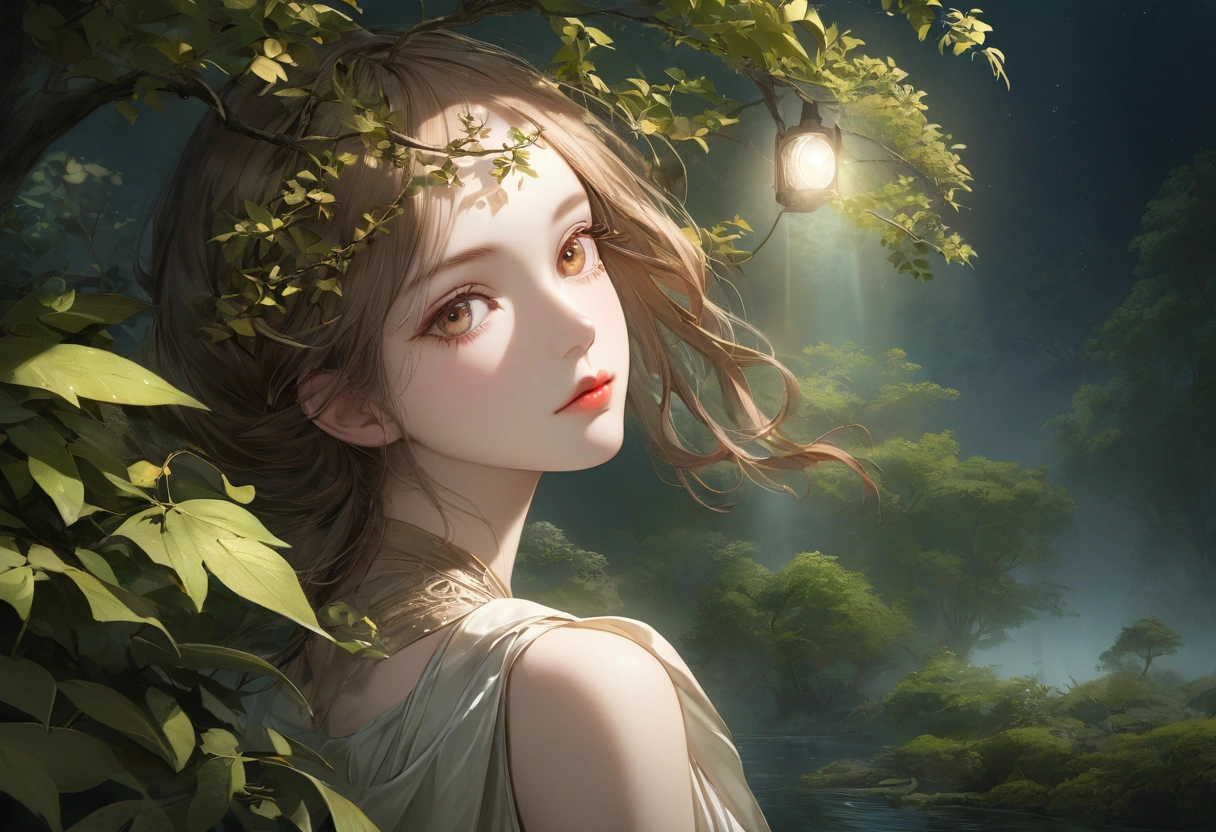 Zelkova landscape, bright canvas, The zelkova leaves are fluttering, Transparent holographic reflection, A surreal landscape made of zelkova leaves, Leaves viewers speechless, A beautiful world, 1 Russian woman, detailed eyes, brown eyes, detailed lips, very detailed face, long eyelashes, Beautiful and detailed portraits, elegant, tranquil expression, summer, high quality, 8k, realistic, surrealist, studio lighting, Physically Based Rendering, vivid colors, movie lights, dramatic lighting, soft lighting, dramatic contrast, clear, ethereal, dreamlike, mysterious, magical, fancy, concept art