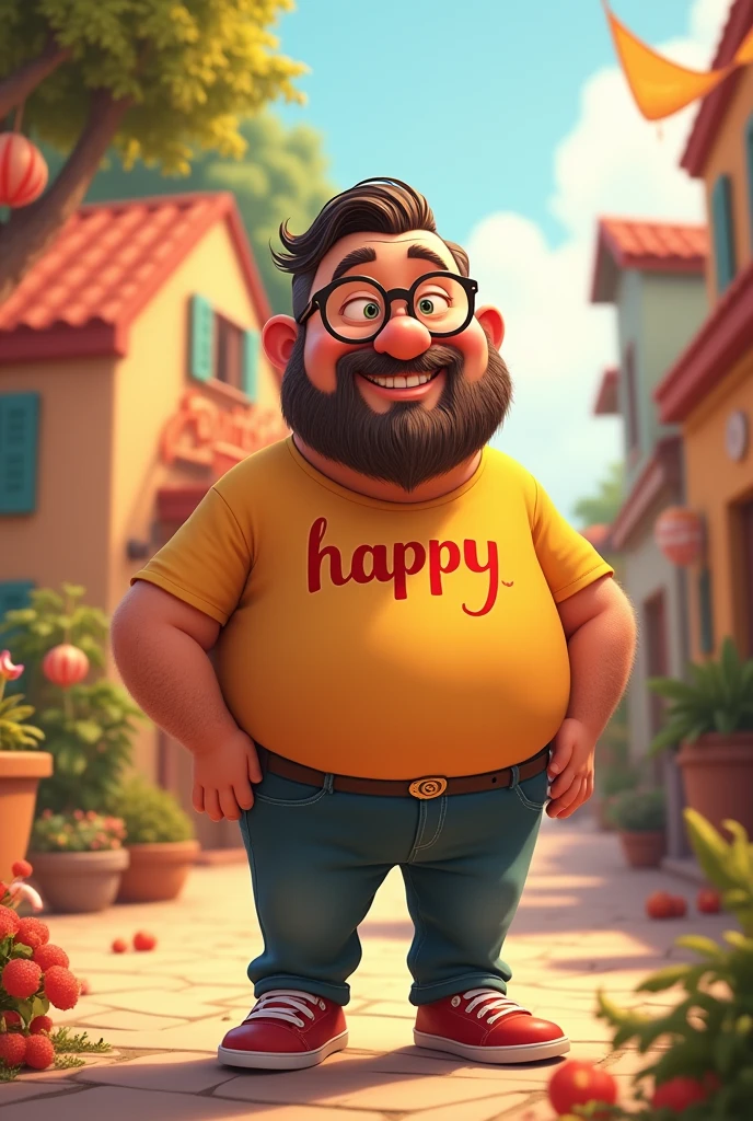 Give me a Disney Pixar-type image of a 3 man with a beard and mustache who also wears glasses, whose face is round but not too round, and who wears a shirt that has the word &quot;happy&quot; on it. "I think 23" In Spanish, the boy is standing and relaxed but happy, he looks like a leader.