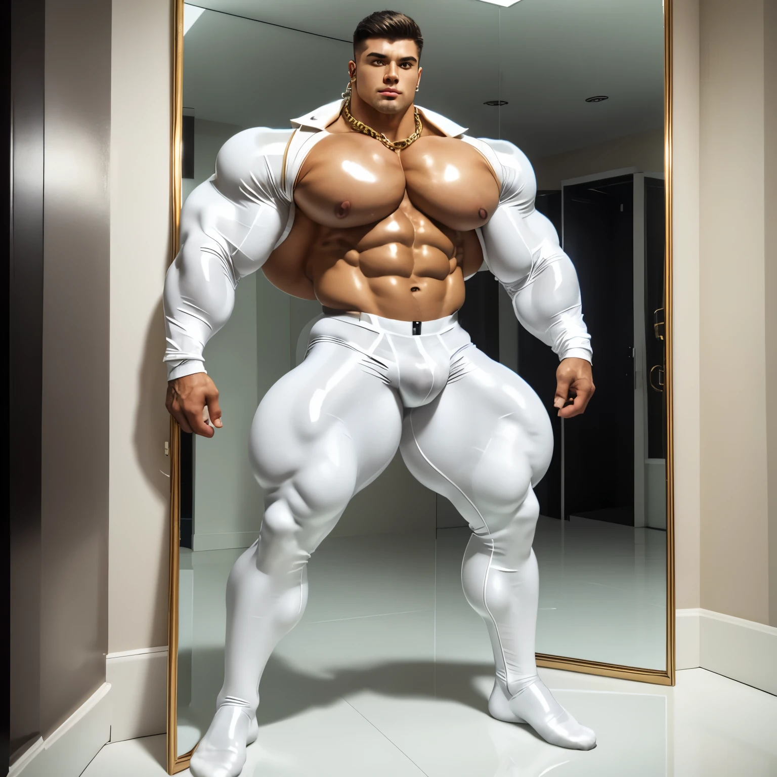 full body view, one handsome bodybuild 18 yo boy , massive, swollen muscles, bodybuilder posing in white transparent PVC biker jacket, tight white transparent latex breeches, white transparent rubber socks, no shoes, pierced nipples with gold rings and chains, admiring himself in mirror