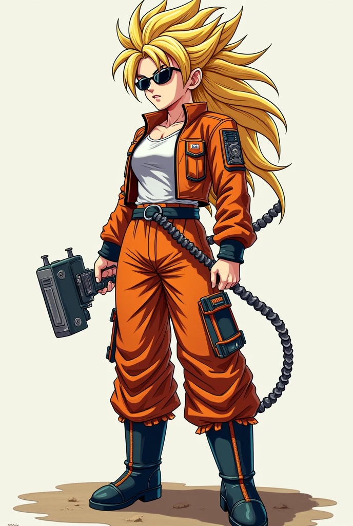 Full body image of a female version of Goku wearing the clothes of the T-800 from Terminator. anime style