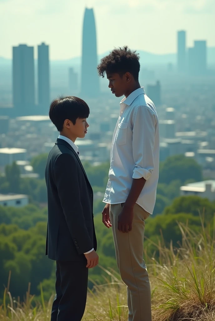 
A cinematic shot of a dark-skinned Brazilian teenager standing on a hill, facing his classmate. He is wearing a white shirt and khaki pants. In the foreground, a Japanese teenager is standing facing the teenager back. He is wearing a dark suit and a light-colored shirt. The background contains a cityscape with tall buildings. 