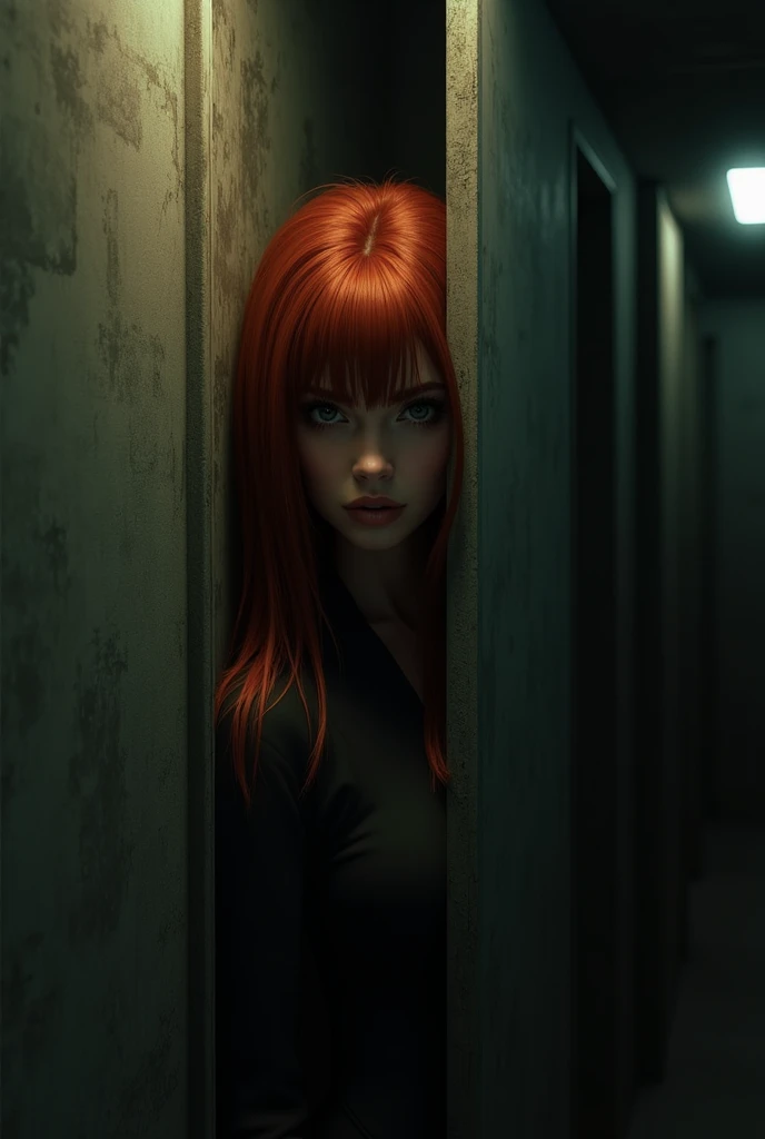 Redhead coeana long hair with bangs hiding behind the wall in a hallway showing her standing