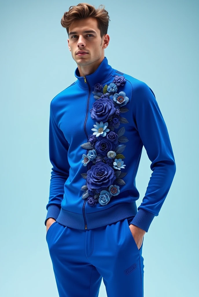 make me a blue sports outfit for men, with textures and volumes of flowers that can be used for sports and also for going to parties and to work 