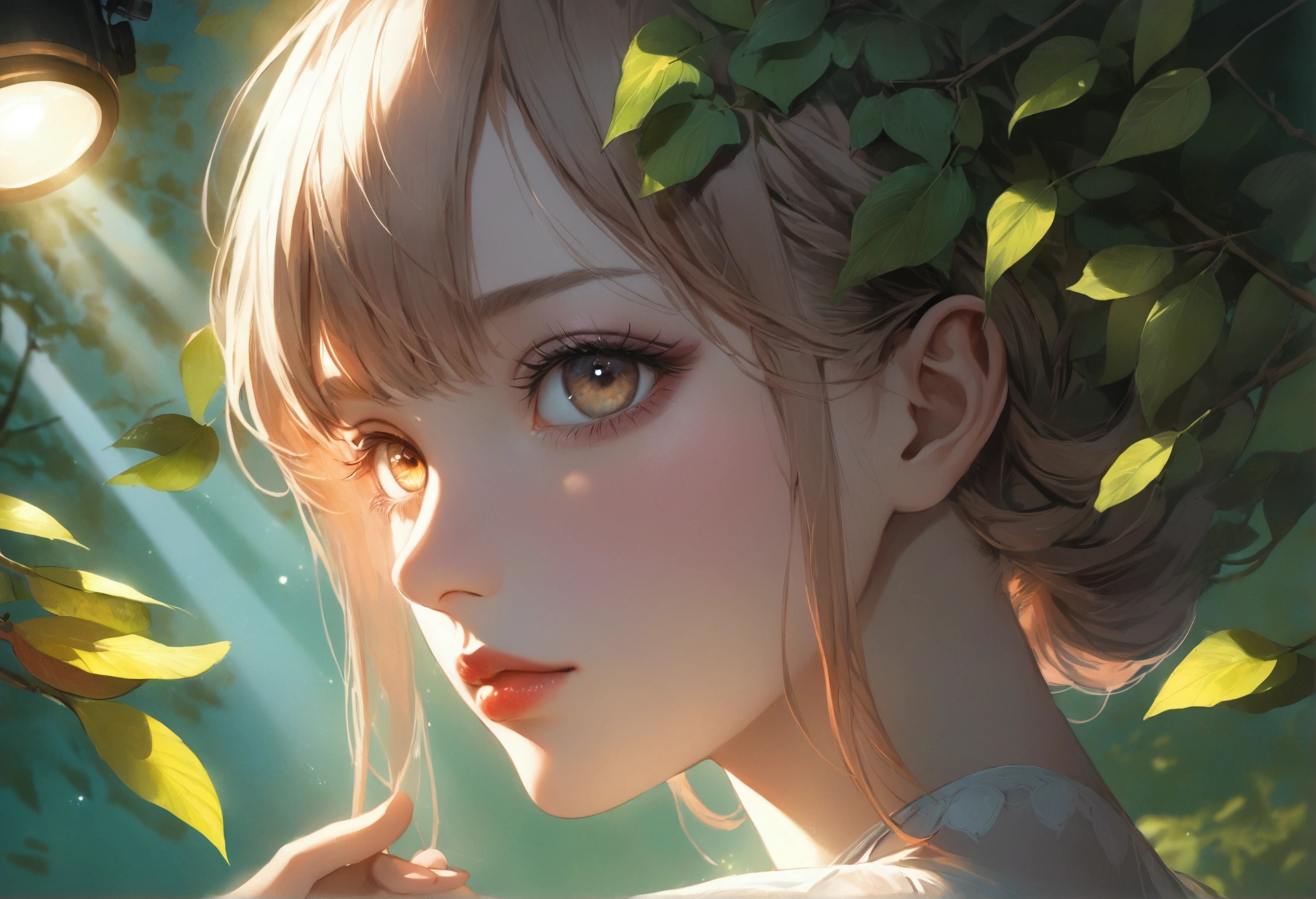 Zelkova landscape, bright canvas, The zelkova leaves are fluttering, Transparent holographic reflection, A surreal landscape made of zelkova leaves, Leaves viewers speechless, A beautiful world, 1 Russian woman, detailed eyes, brown eyes, detailed lips, very detailed face, long eyelashes, Beautiful and detailed portraits, elegant, tranquil expression, summer, high quality, 8k, realistic, surrealist, studio lighting, Physically Based Rendering, vivid colors, movie lights, dramatic lighting, soft lighting, dramatic contrast, clear, ethereal, dreamlike, mysterious, magical, fancy, concept art