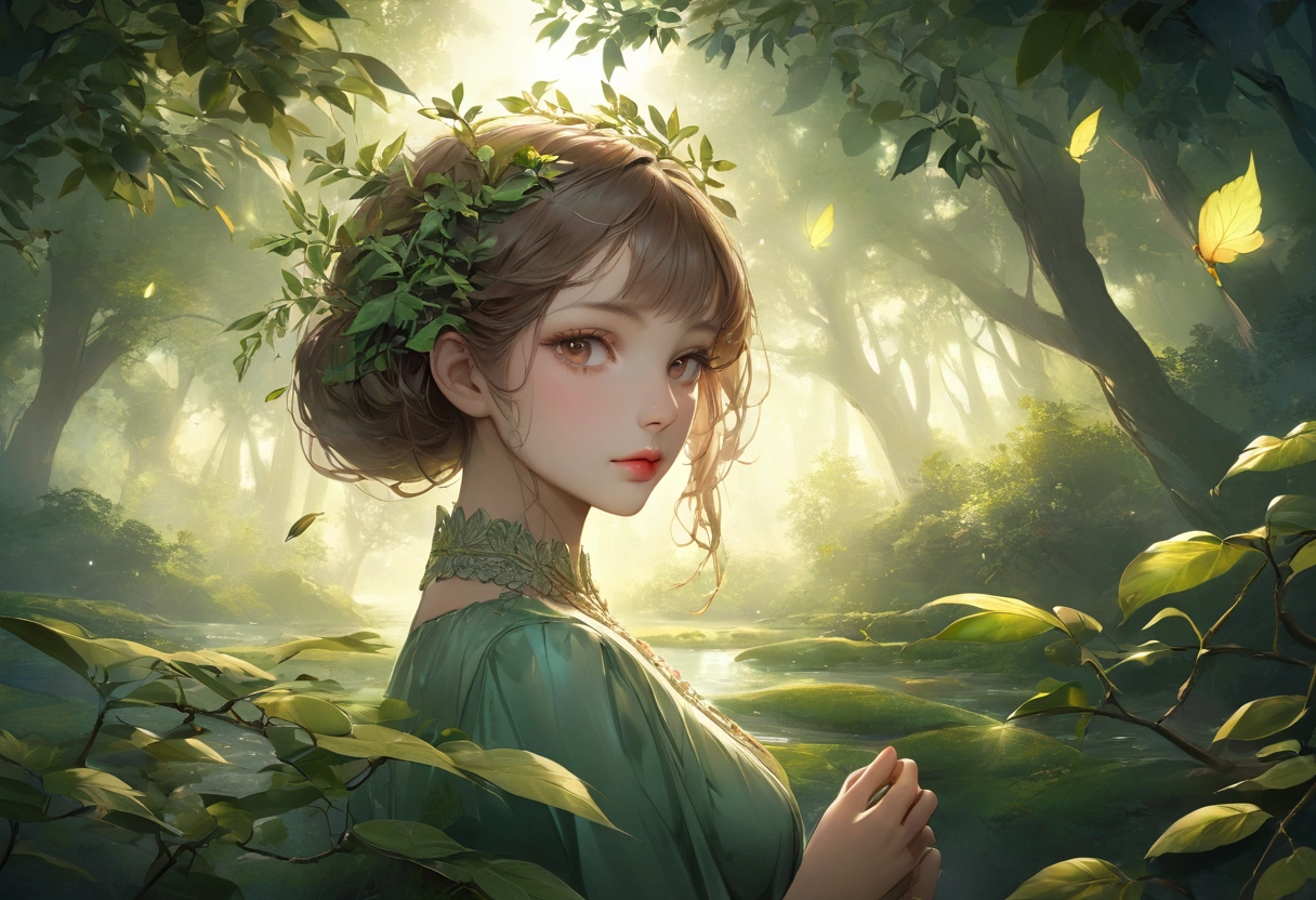 Zelkova landscape, bright canvas, The zelkova leaves are fluttering, Transparent holographic reflection, A surreal landscape made of zelkova leaves, Leaves viewers speechless, A beautiful world, 1 Russian woman, detailed eyes, brown eyes, detailed lips, very detailed face, long eyelashes, Beautiful and detailed portraits, elegant, tranquil expression, summer, high quality, 8k, realistic, surrealist, studio lighting, Physically Based Rendering, vivid colors, movie lights, dramatic lighting, soft lighting, dramatic contrast, clear, ethereal, dreamlike, mysterious, magical, fancy, concept art