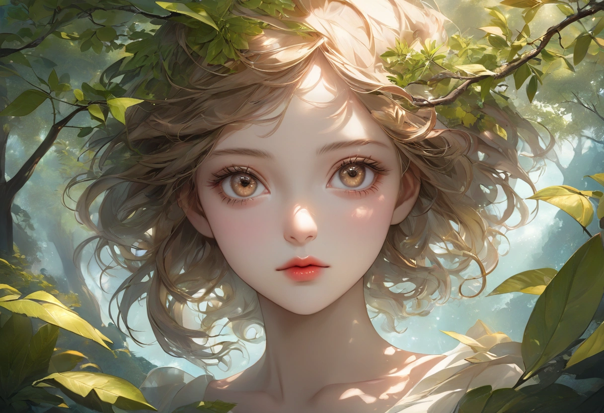 Zelkova landscape, bright canvas, The zelkova leaves are fluttering, Transparent holographic reflection, A surreal landscape made of zelkova leaves, Leaves viewers speechless, A beautiful world, 1 Russian woman, detailed eyes, brown eyes, detailed lips, very detailed face, long eyelashes, Beautiful and detailed portraits, elegant, tranquil expression, summer, high quality, 8k, realistic, surrealist, studio lighting, Physically Based Rendering, vivid colors, movie lights, dramatic lighting, soft lighting, dramatic contrast, clear, ethereal, dreamlike, mysterious, magical, fancy, concept art