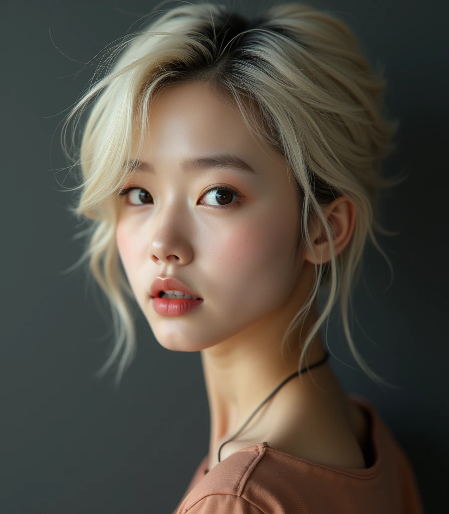Blond gir with korean wolf haircut, 8k, highly detailed, high quality, masterpiece, ultra detailed, vivid colors, HDR, studio lighting, physically-based rendering,Open Mouth,