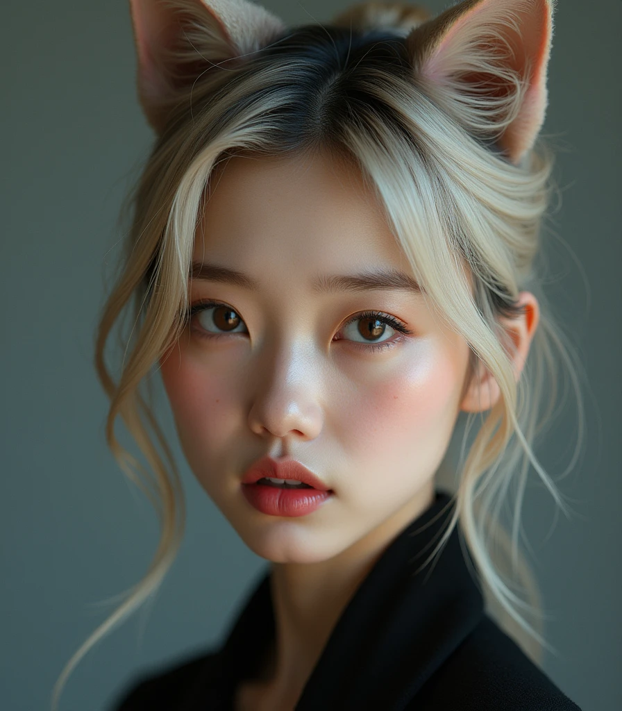 Blond gir with korean wolf haircut, 8k, highly detailed, high quality, masterpiece, ultra detailed, vivid colors, HDR, studio lighting, physically-based rendering,Open Mouth,