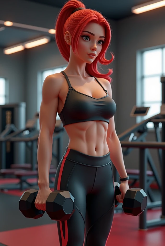 "A highly realistic digital model with striking red hair, styled in a neat ponytail, is in a modern gym setting. She is wearing a form-fitting, stylish workout outfit, consisting of a sleeveless athletic top and leggings that highlight her toned physique. The color scheme of her outfit is a mix of dark and vibrant shades, complementing her fair skin and red hair. She is mid-exercise, holding a pair of dumbbells with a focused and determined expression. The background shows various gym equipment, emphasizing a professional workout environment."