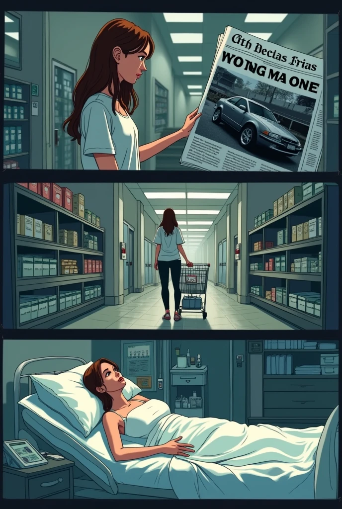 **"A woman is seen walking through a store with a shopping cart, her face filled with deep contemplation. The scene transitions to a memory of a newspaper article, showing a black-and-white image of a crashed car with the headline about a tragic accident involving a young woman and a . The background fades into a hospital room with a woman lying in a bed connected to life-support machines, symbolizing the critical condition. The scene is somber, with muted colors to reflect the gravity of the situation, and a subtle focus on the woman’s emotional journey as she recalls the article and its connection to the ."** cartoon 