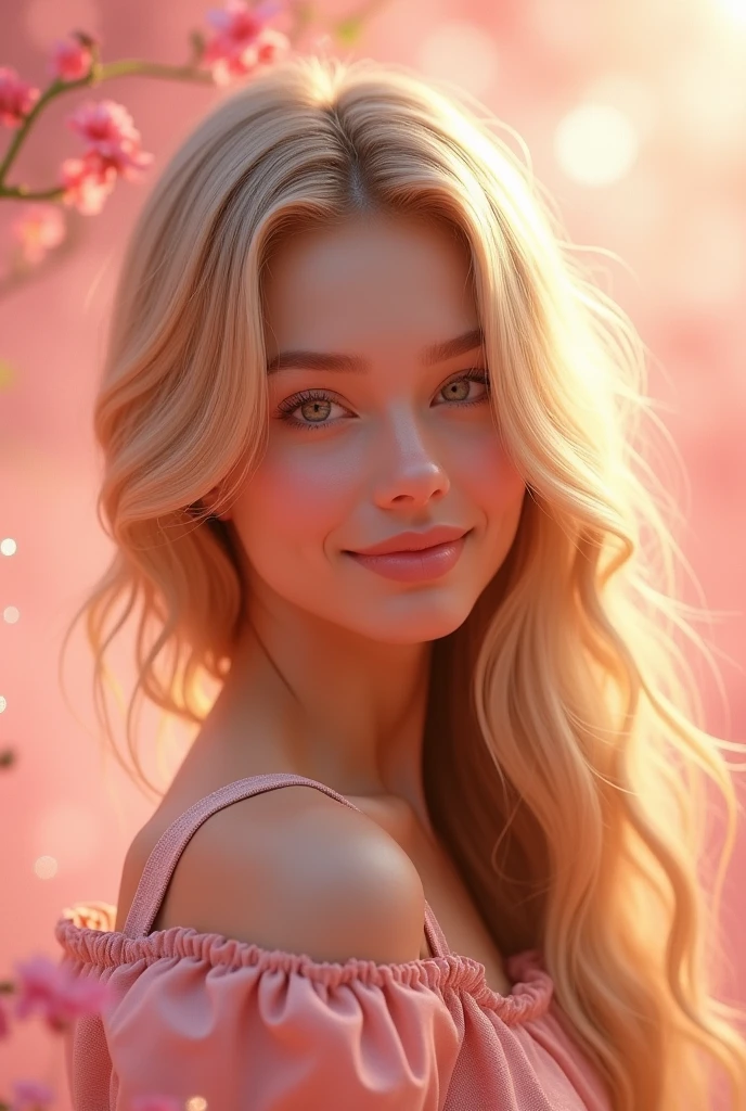 Girls age of 25 blond hairs with pink glitter background
