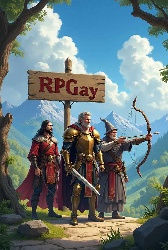 create a group of companions with a paladin,A wizard,a warrior with bow and arrow in a medieval world with a sign saying "RPGAY"