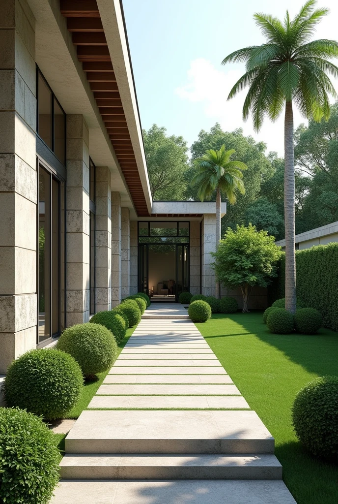 An elegant decorative stone corridor on the right side is a lawn, In the hallway there are rectangular concrete steps that will guide you to a 4-meter Adonidia merrillii palm tree. On the left a wall and below on the decorative stone a row of perfectly round bushes, perfectly aligned to give a touch of sophistication and order. At the end of the tour, In the corner, erect itself with one majestic palm of Adonidia merrillii, creating a focal point that adds height and tropical beauty to the space. This design combines modern elements with nature, transforming the area into a corner of serenity and style.