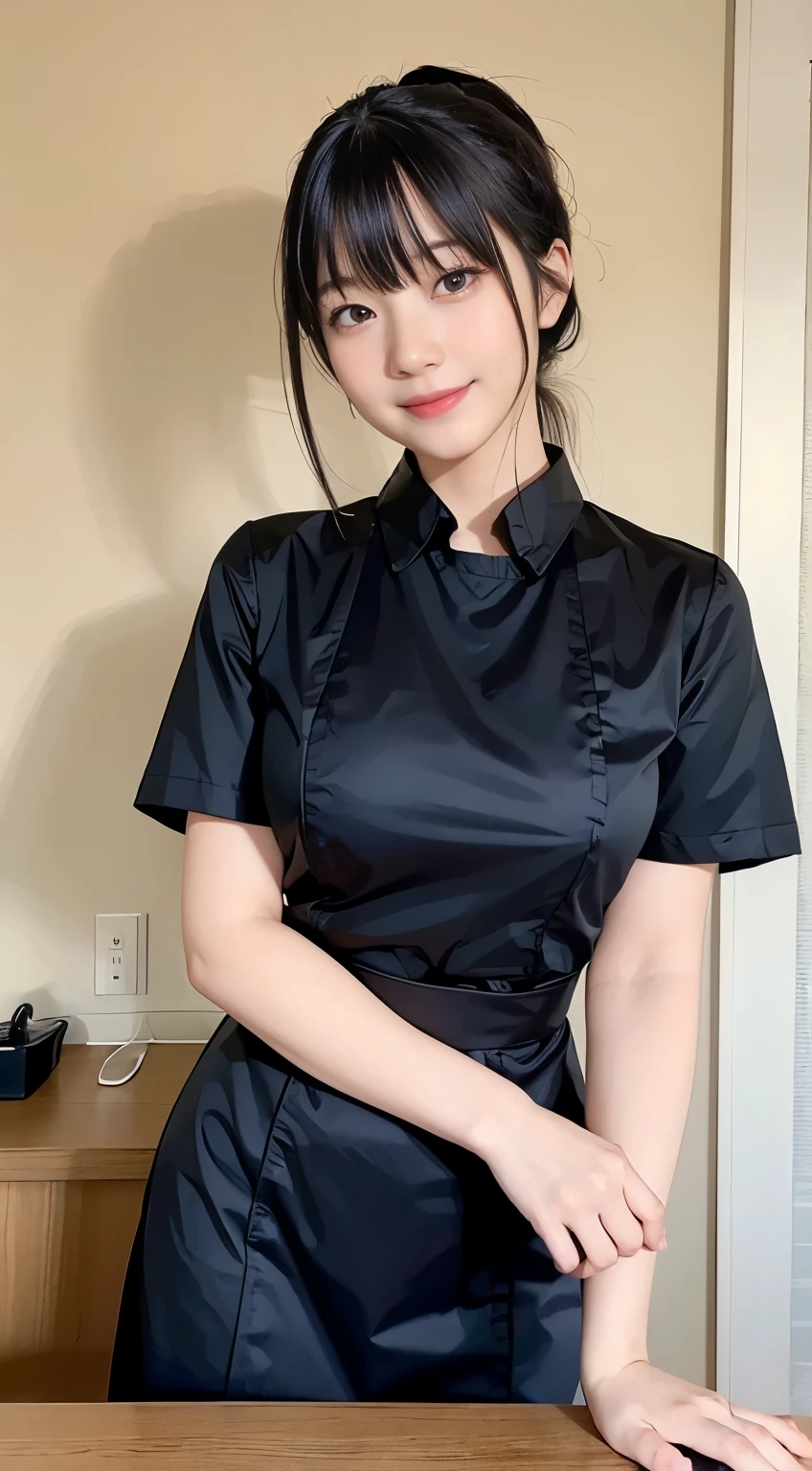(Highest quality,masterpiece:1.3,Ultra-high resolution,),(Very detailedな,Caustics),(Photorealistic:1.4,RAW shooting,)Ultra-Realistic Capture,Very detailed,High resolution 16K human skin closeup。 Natural skin texture、,Pores、、、、It must be detailed enough to be easily identifiable。 Skin tone is even and healthy looking。 Use natural light and colour,restaurant,Waitress Uniform,1 girl,Japanese,1,cute,Black-haired,ponytail,Big Breasts,smile,Turn your body forward,(Front view:1.1),Looking at the camera,Cowboy Shot,