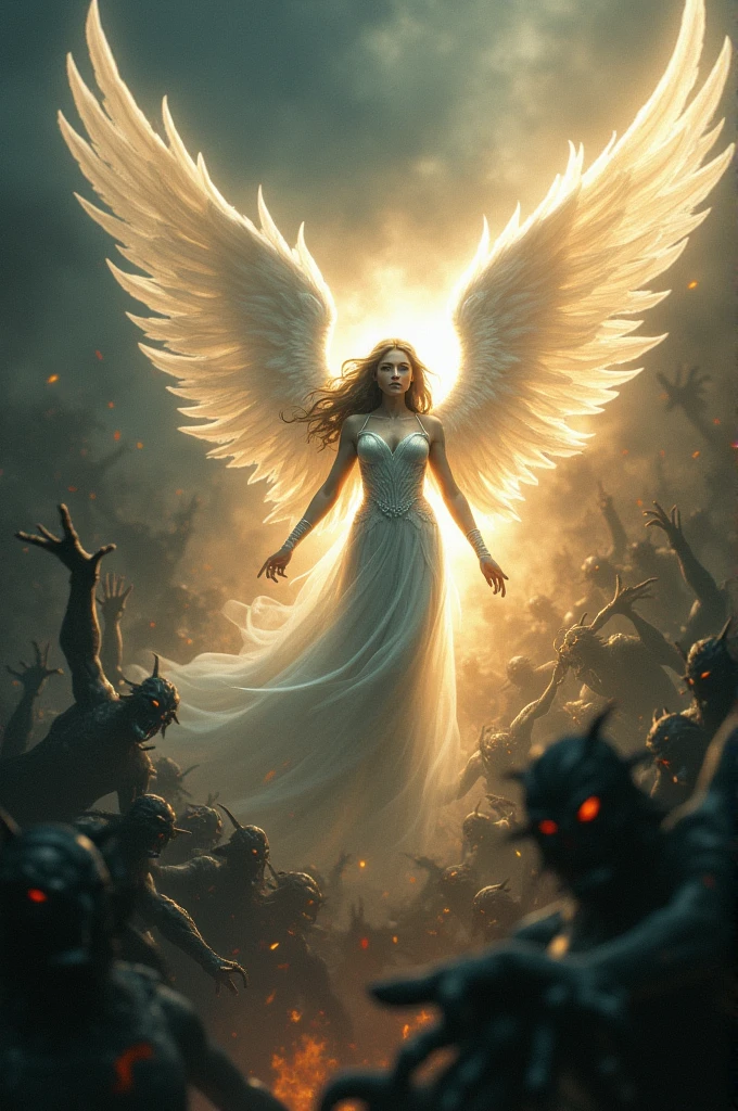 One beautiful angel fighting with thosend of evil 