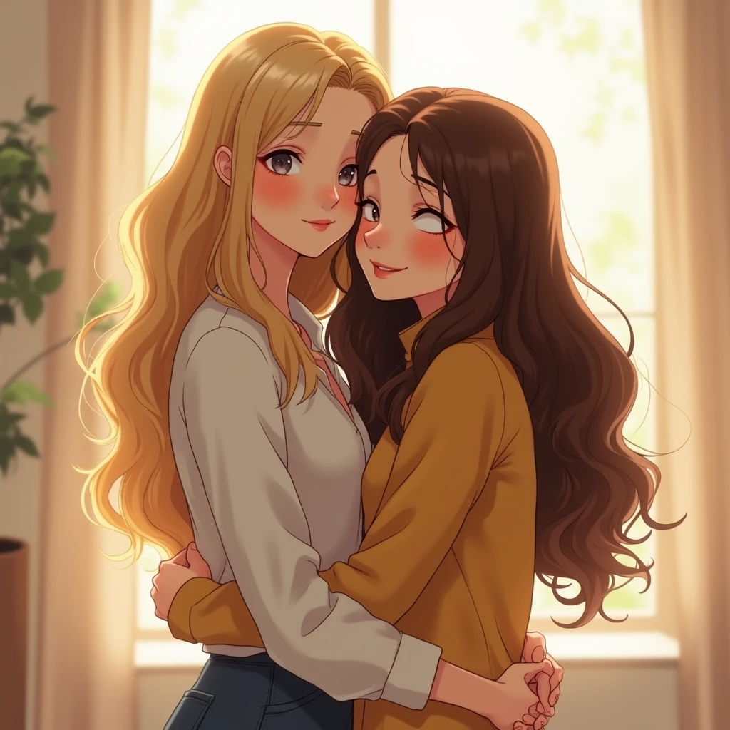 Blonde 20-years girl hugs her brown-hair friend