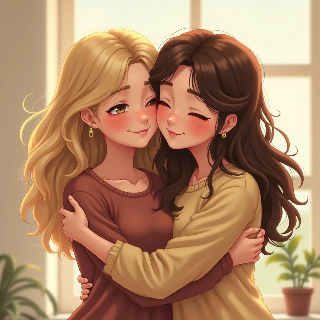 Blonde 20-years girl hugs her brown-hair friend