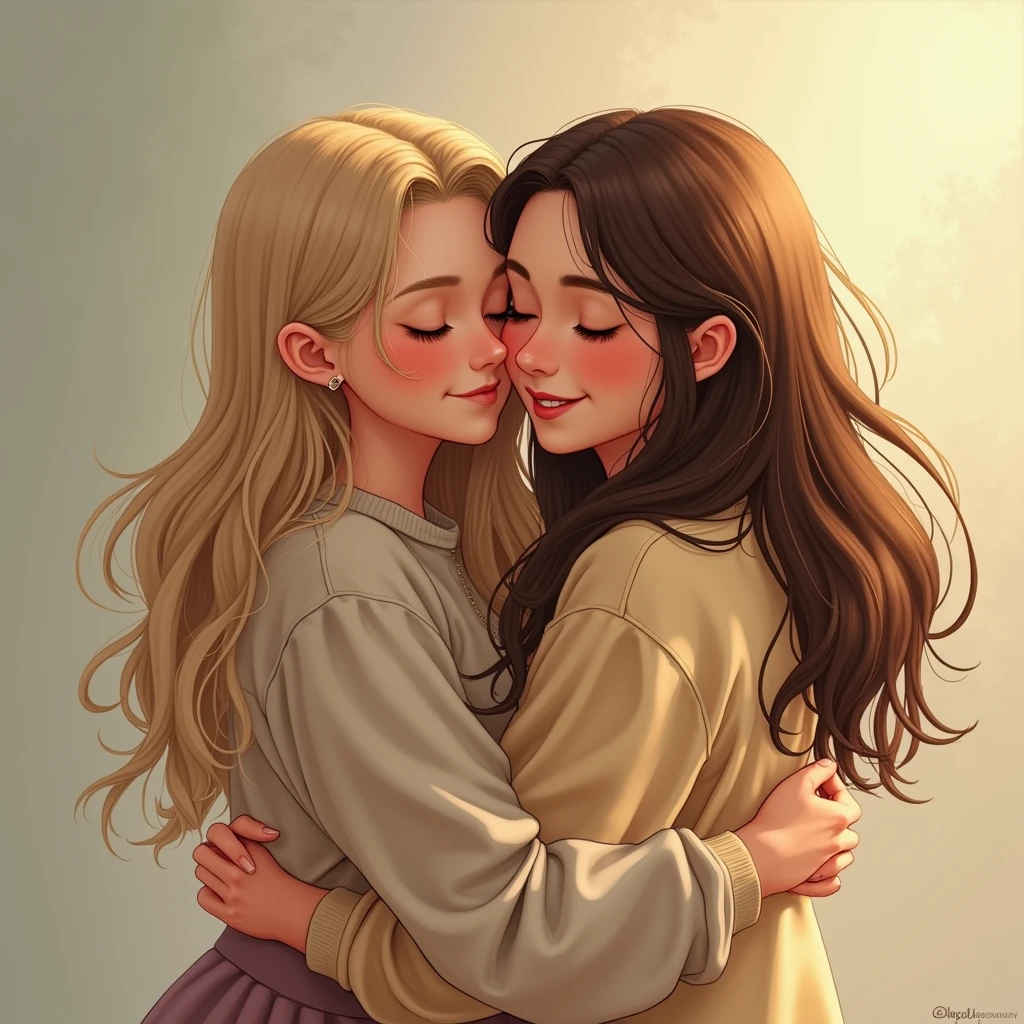 Blonde 20-years girl hugs her brown-hair friend