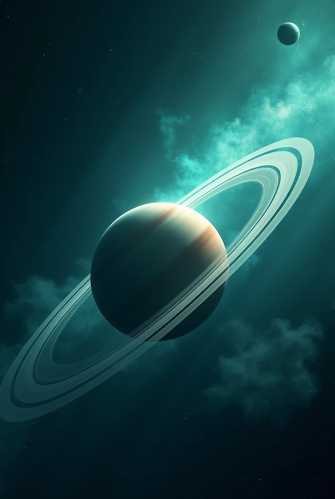 create the planet saturn, turquoise coloured, starlit