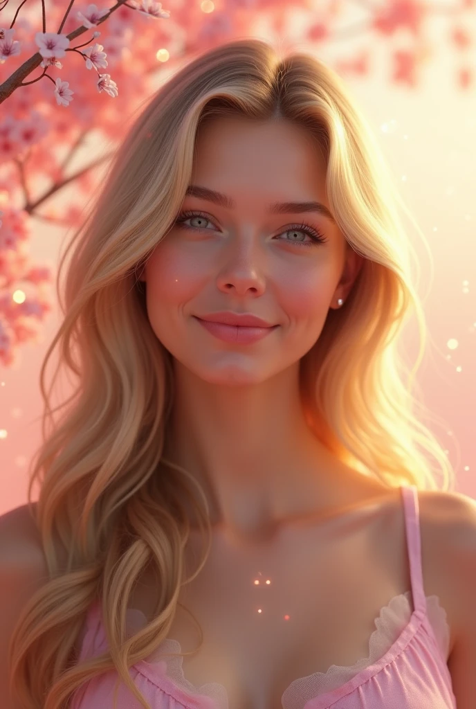Girls age of 25 blond hairs with pink glitter background
