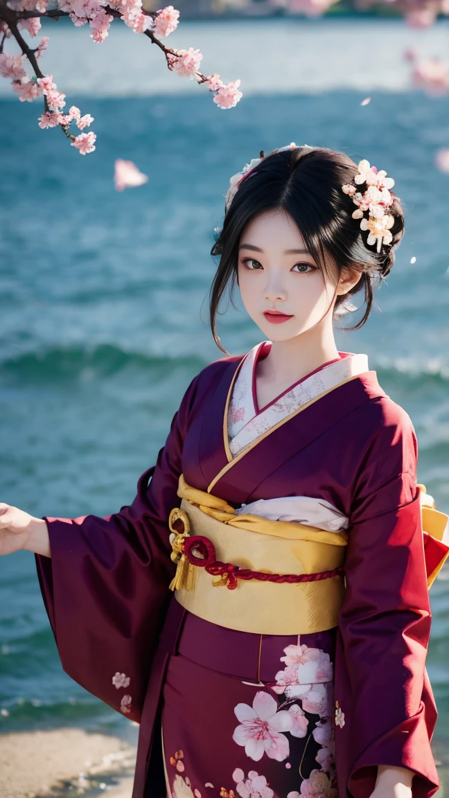 One Girl,Black Hair, Floating Hair, Seaside,景color,landscape,cherry blossoms, Falling petals, Sunbeam,Upper Body,  color,dress,kimono