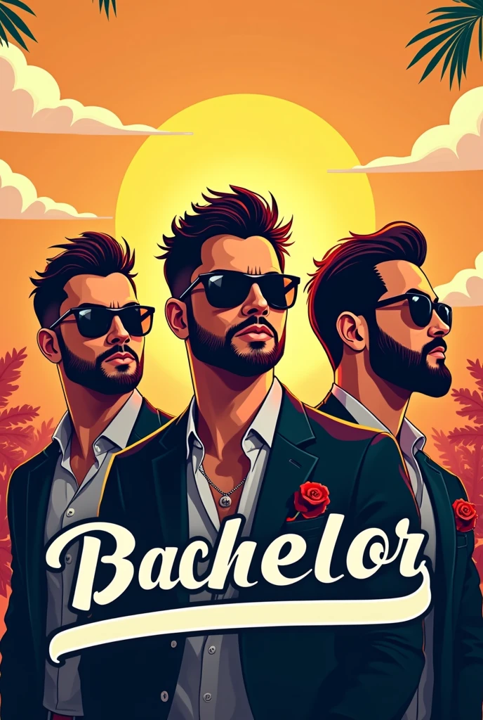 logo bachelor party, three guys with sun glasses, named eliot, posh y yisus